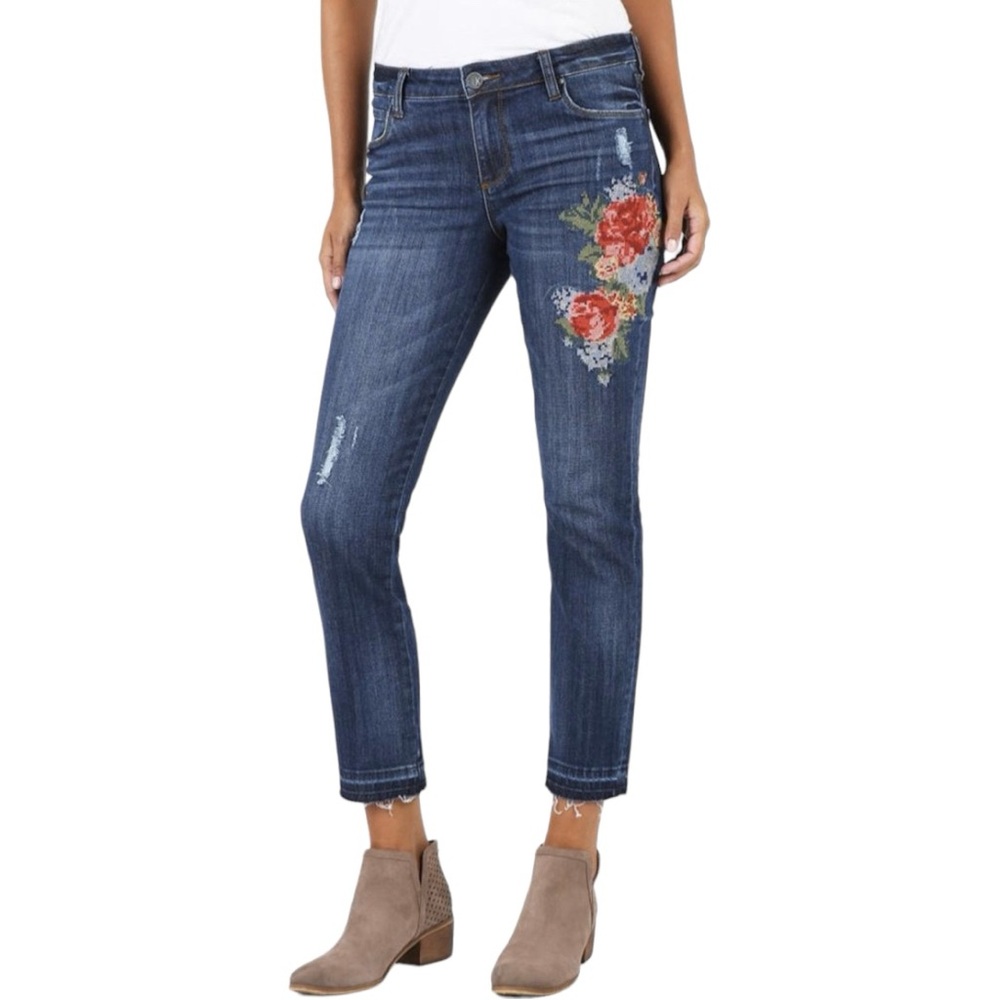 Kut from the Kloth Connie Floral Embroidered Ankle Crop Raw Edge Jeans - Picture 14 of 14